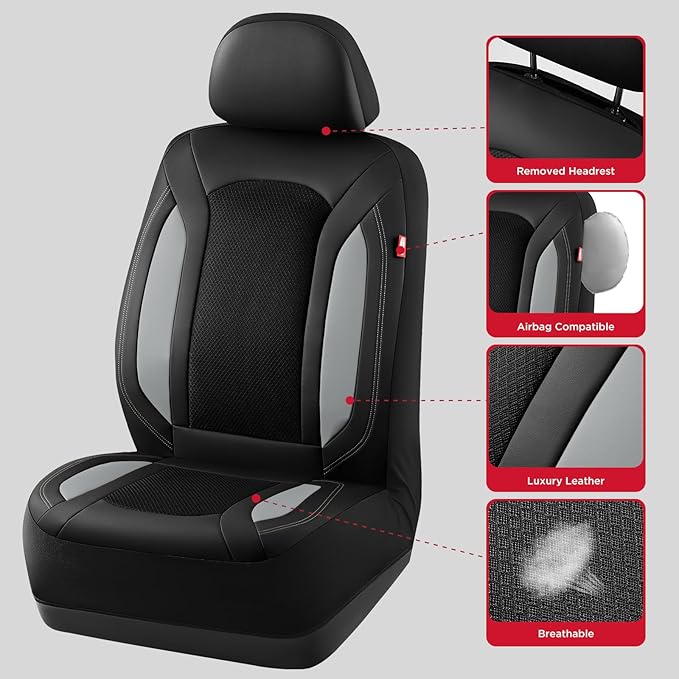 Rubbermaid Leather Mesh Car Seat Covers, Breathable Air Mesh Front Seat Cover, Universal Fit Slip-on Design, Airbag Compatible, Automotive Seat Protector for Most Cars, SUVs, Trucks, Vans-Gray