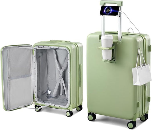 Hanke 24Inch Expandable Luggage Top Opening Medium Checked Luggage Hard Shell Suitcases with Wheels Travel Luggage Rolling Suitcase with Cup Holder(Bamboo Green)