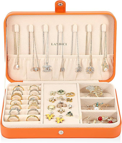 LANDICI Small Jewelry Box for Women Girls, PU Leather Travel Jewelry Case, Portable Jewelry Organizer Storage Holder Display for Ring Earrings Necklace Bracelet Bangle Men Kids Gift, Orange