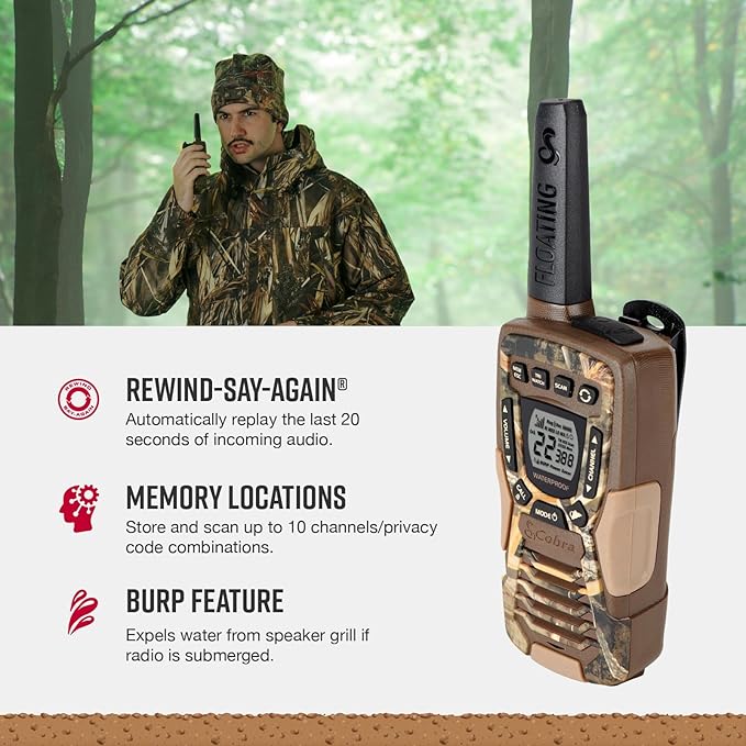 Cobra ACXT1035R FLT CAMO Floating and Waterproof Walkie Talkies for Adults with Compatible Cobra Surveillance Headset: Rechargeable, 22 Channels, Long-Range, 2 Two-Way Radios, 2 Headsets