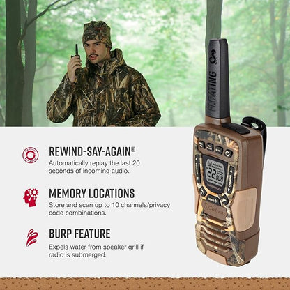 Cobra ACXT1035R FLT CAMO Floating and Waterproof Walkie Talkies for Adults with Compatible Cobra Surveillance Headset: Rechargeable, 22 Channels, Long-Range, 2 Two-Way Radios, 2 Headsets