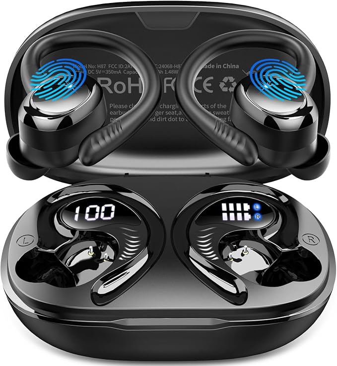 Wireless Earbuds Sport, New Bluetooth 5.4 Headphones with Earhooks, 50H Stereo Deep Bass Over Ear Buds with 4 ENC Noise Canceling Mics, IP7 Waterproof Earphones for Running Workout Gym -Black