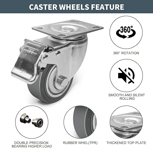 3 Inch Caster Wheels - Set of 4 Heavy Duty Rubber Castors With Brake 1200Lbs, Silent Industrial Plate Casters for Cart Furniture Workbench (4 Brake#01)