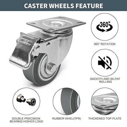 3 Inch Caster Wheels - Set of 4 Heavy Duty Rubber Castors With Brake 1200Lbs, Silent Industrial Plate Casters for Cart Furniture Workbench (4 Brake#01)