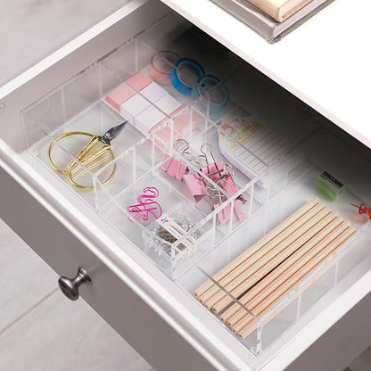 Acrylic Drawer Organizer Clear Desk Drawer Organizer Trays with Adjustable Compartments Desk Accessories for Office Stationery Makeup Silverware Bathroom (Non Expandable)
