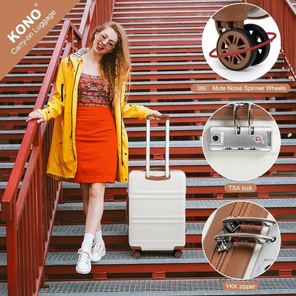 Kono Suitcase Set 3 Piece Carry On Lightweight PC+ABS Hardside Luggage with TSA Lock Spinner Wheels (Cream White, 20in)
