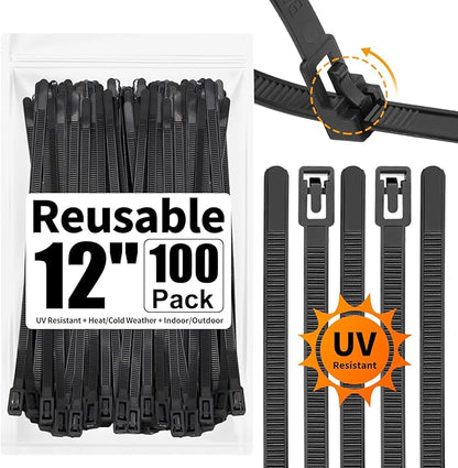 SOOOEC 100 Pack Reusable Zip Ties 12 inch Heavy Duty Outdoor UV Resistant, Releasable Black Zip Ties Indoor Round Ending No Hurt, Cable Ties Reusable Tie Wraps Non Slip Off