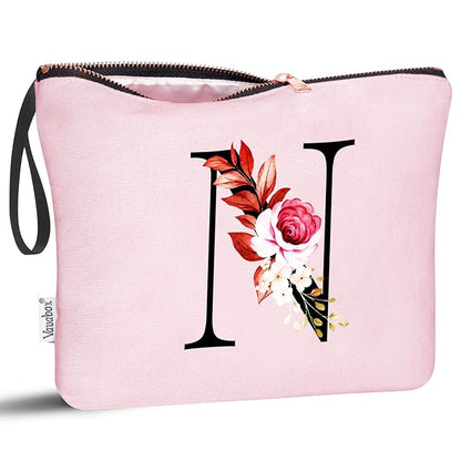 Vavabox A-Z Personalized Makeup Bag, Birthday Gifts for Women Mom, Gifts for Best Friend, Bride Bridesmaid Cosmetic bag (N, Pink)