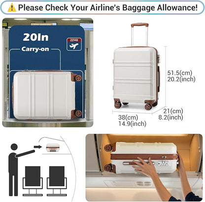 Kono 20'' Carry on Luggage with Spinner Wheel TSA Lock, Lightweight PC+ABS Hardside Luggage Small Carry on Suitcase White