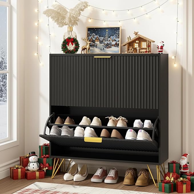 Shoe Cabinet with 2 Flip Drawers, Fluted Black Shoe Storage Cabinets, Hidden Shoe Cabinet Storage for Entryway Slim, Modern Freestanding Shoe Rack Organizer, Black