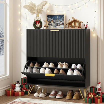 Shoe Cabinet with 2 Flip Drawers, Fluted Black Shoe Storage Cabinets, Hidden Shoe Cabinet Storage for Entryway Slim, Modern Freestanding Shoe Rack Organizer, Black