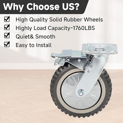 uyoyous 4Pcs 8 Inch Caster Wheels, Industrial Heavy Duty Polyurethane Swivel Casters with 2Pcs Brake 1760 LBS, All Terrain Castors for Workshop Carts, Garage Machinery & Jobsite Equipment