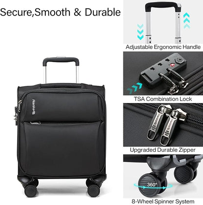 Hanke Underseat Carry On Luggage with Wheels, Spinner Small Suitcase, 16-Inch Rolling Under Seat Luggage, Softside Lightweight Carry On Bag for Airplane TSA Travel Personal Item, Black