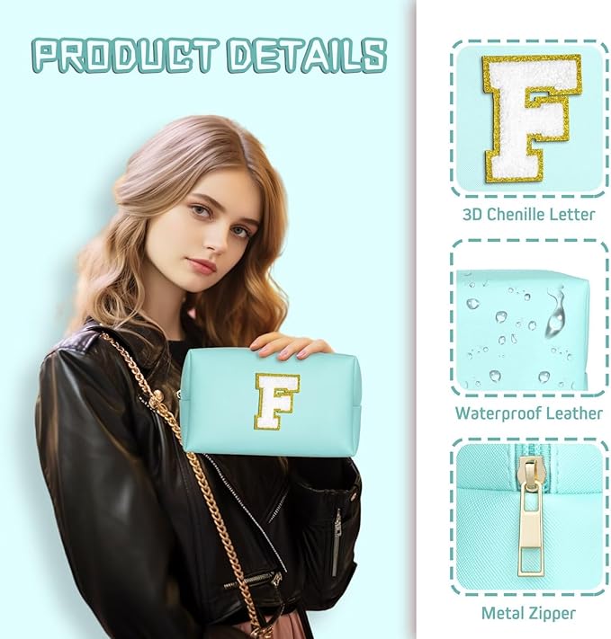 TOPEAST Birthday Gifts for Girls, Travel Makeup Bag Chenille Letter Pouch Cosmetic Bag, Makeup Travel Organizer, Monogrammed Bridesmaid Gifts for Women, Cute Stuff for Girls (Blue J)
