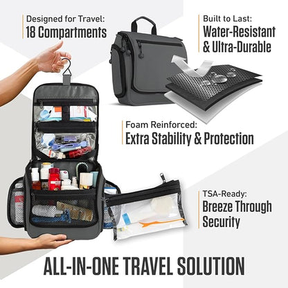 VENTURE 4TH Hanging Travel Toiletry Bag for Women & Men – Large Toiletry Organizer with 18 Compartments, Removable TSA Pouch, Travel Wash Bag for Toiletries, Makeup & Shaving Kit (Shadow Gray)
