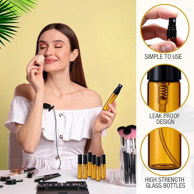 Tanlade 300 Pcs 5ml Mini Spray Bottles Brown Glass Perfume Atomizer Sprayer Bottles Portable Perfume Travel Refillable Bottle for Travel Pocket Dispenser Container