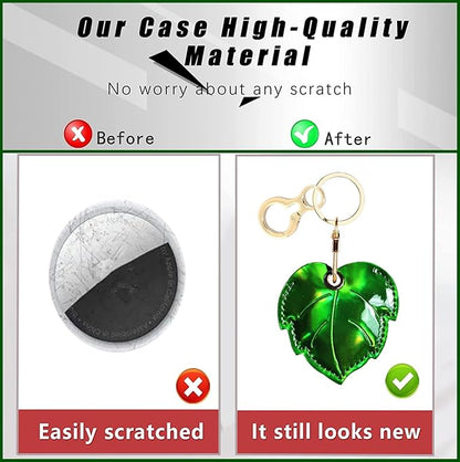 Shiny Leather Charm Keychain Holder Case Compatible with AirTag,Cute Protective Cover with Keyring,Anti-Scratch Finder GPS Tracker Case for Wallet Keys,Bag,Pets(Leaf)