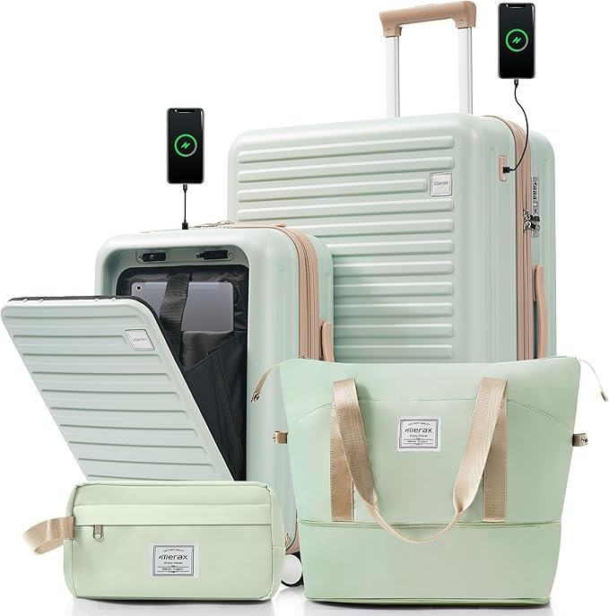 Merax 4-Piece Luggage Set with USB Charging Ports Suitcase with TSA Lock Travel Duffel Bag Wet-Dry Toiletry Bag, grey green+Bag
