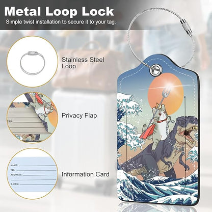 2Pack Luggage Tags for Suitcases, Cute Unique Pu Leather Cruise Luggage Tag with Privacy Cover ID Label Address Card and Metal Ring Suitable for Women Men Kids Travel Bag Dinosaurs and Cats