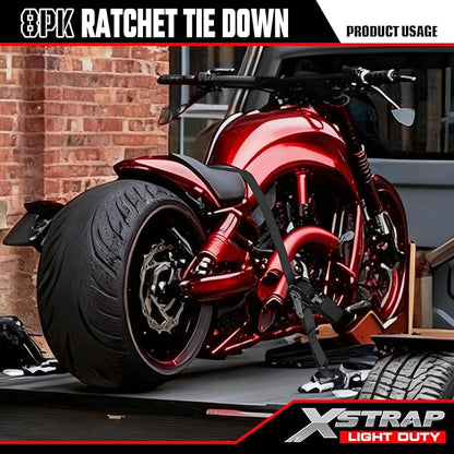 XSTRAP STANDARD Ratchet Tie Down Straps 8PK 1'' x 10 ft - 900 LB Break Strength Cargo Straps for Moving Appliances, Lawn Equipment, Motorcycle (Black)
