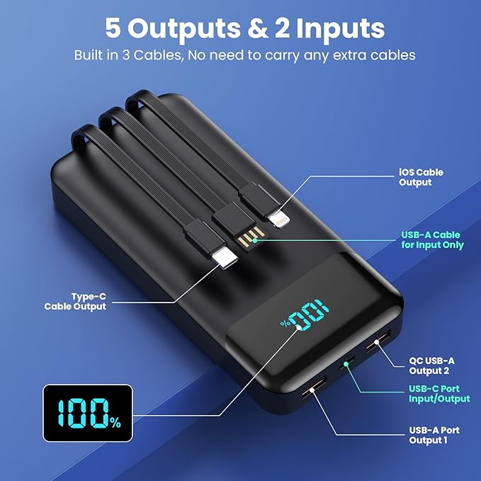 Portable Charger Power Bank 40800mAh with 3 Built-in Cables,25W Fast Phone Charging Portable Battery Pack,5 Outputs Travel Essentials Outdoor External Battery for iPhone 17/16,Galaxy Android etc-Black