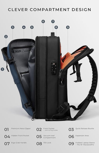 AirVault Vacuum Seal Travel Backpack 60L with Expandable Vortex Air Compression Vacuum System Water Resistant TSA Lock (Vacuum Pump Included, Blue, 60L)