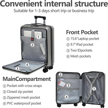 TydeCkare 2pcs 20/28" Luggage Set Lightweight HardShell, Only 20 Inch Carry On 21.65 * 15.35 * 7.87" Cabin Suitcase with Front Pocket, 28 Inch 19.68 * 11.81 * 29.92" Checked Luggage, Gray