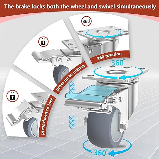 2 Inch Heavy Duty Stainless Steel Caster Wheels with Brake, 304 Swivel Casters Set of 4, 1000 lbs Load, Quiet Non-Marking TPR Wheels for Furniture, Kitchen, Labs, Industrial, Hardware Included