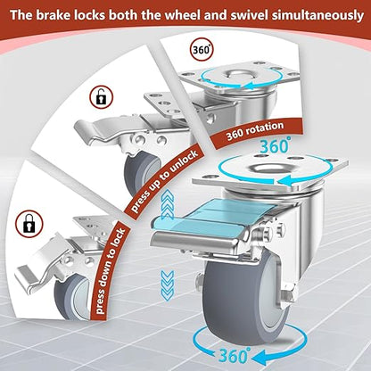 2 Inch Heavy Duty Stainless Steel Caster Wheels with Brake, 304 Swivel Casters Set of 4, 1000 lbs Load, Quiet Non-Marking TPR Wheels for Furniture, Kitchen, Labs, Industrial, Hardware Included