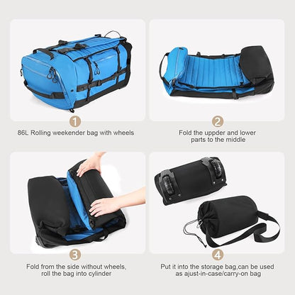 CONTAIL 86L Wheeled Duffel Bag, Soft Shell with Adjustable Web Handles, Carry On Size 29.5x14.2x12.6in, Foldable with Dual Wheels & Shoe Compartment,Blue