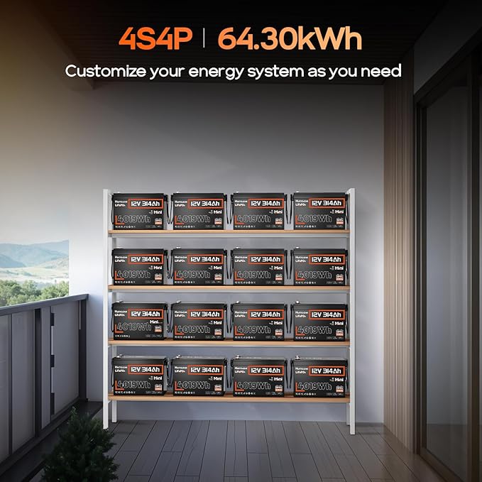 48V 314Ah (4 Pack 12V 314Ah) LiFePO4 Lithium Battery Max. 4019Wh Energy, 15000+ Deep Cycles,200A BMS with Bluetooth, Lithium Iron Phosphate Rechargeable Battery Great for RV, Marine and Off Grid