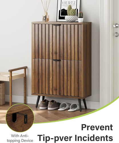 Fluted Shoe Storage for Entryway, Walnut Hidden Cabinet with Metal Legs, Organizer with Flip Doors, Slim Entryway Storage