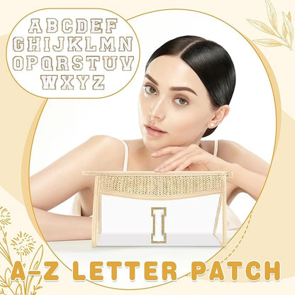 Personalized Initial Letter Bag Boho Straw Clear Makeup Bag,Small Cute Chenille Varsity Letter Pouch With Zipper,Beach Travel Toiletry,Portable Monogrammed Cosmetic Bag for Women Girls,I