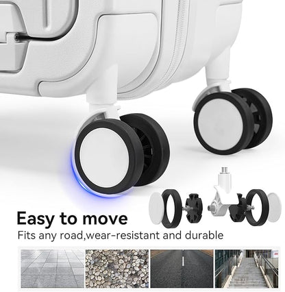 SOKOK Front Pocket Luggage with Spinner Wheels, 24'' Wide Handle Travel Suitcase PC Hardshell Multifunctional Luggage with Charging Port and Cup Holder, White
