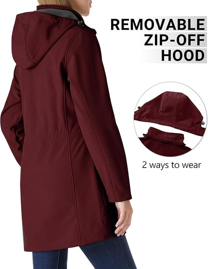 Outdoor Ventures Women's Softshell Jacket with Removable Hood Fleece Lined Windbreaker Insulated Long Warm Rain Jacket