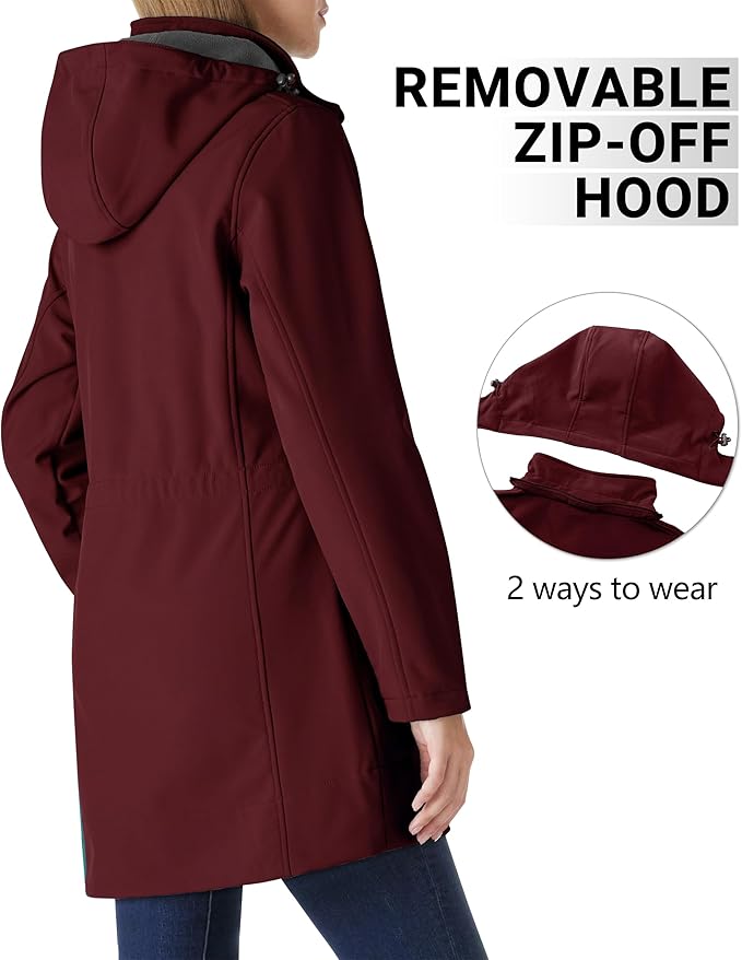 Outdoor Ventures Women's Softshell Jacket with Removable Hood Fleece Lined Windbreaker Insulated Long Warm Rain Jacket