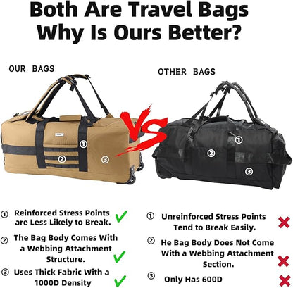 80L Waterproof Rolling Duffel Bag with Wheels,Rolling Garment Bag,Military Tactical Wheeled Foldable Backpack For Deployment Traveling Camping Sporting (Khaki)