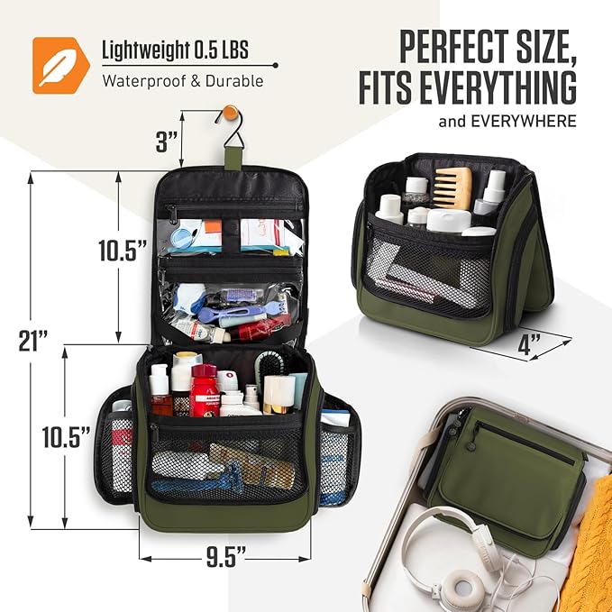 VENTURE 4TH Hanging Travel Toiletry Bag for Women & Men – Large Toiletry Organizer with 18 Compartments, Removable TSA Pouch, Travel Wash Bag for Toiletries, Makeup & Shaving Kit (Dark Green)