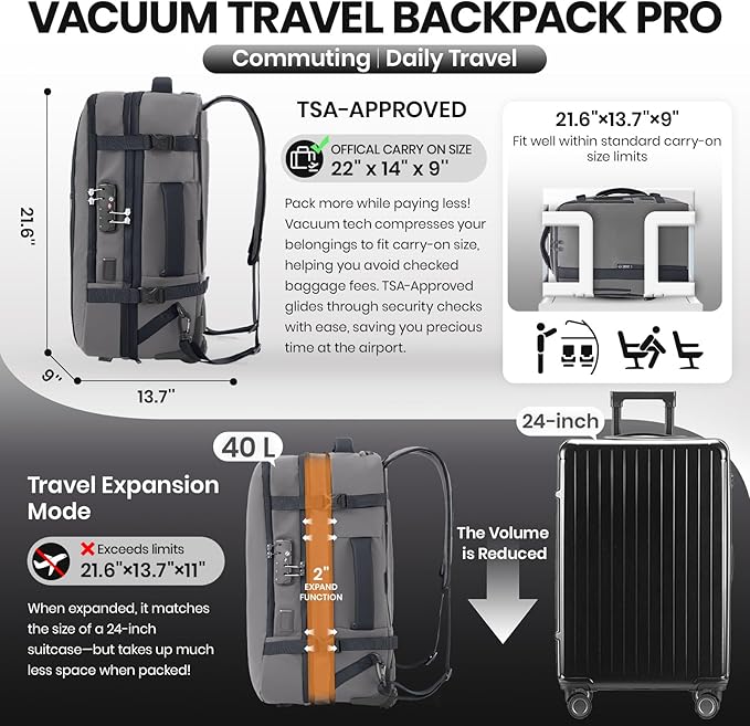 Fanwoli Vacuum Rolling Travel Backpack, Carry On Luggage with TSA Lock & Anti Theft Zipper, 70L Expandable Airback with Compression Pump, Waterproof Laptop Bag Ideal for Flight & Business