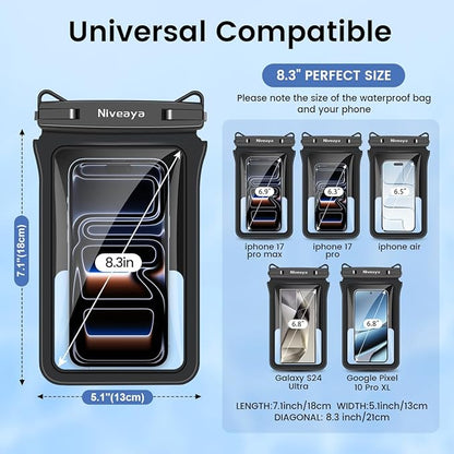 Niveaya Double Space Waterproof Phone Pouch (2-Pack) - IPX8 Phone Case Dry Bag for Beach, Kayak, Cruise Travel Essentials - Compatible with iPhone 17/16/15/14 Pro Max Galaxy S25/S24 Ultra (up to 8.3")