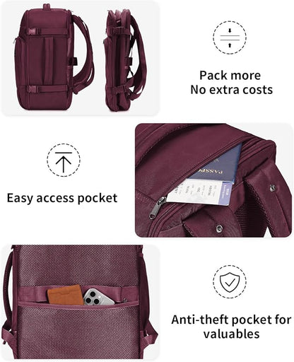 ECOHUB Travel Backpack for Women, 18x14x8 Spirit Airlines Personal Item Bag with Clear Toiletry Bag, Laptop Carry on Backpack with USB Port, Airline Approved Under Seat 14 Pockets 30L, Red