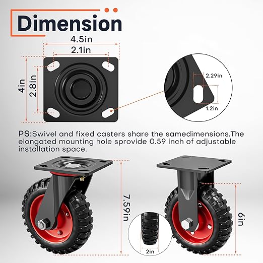 6 Inch Caster Wheels Set of 4 (2 Swivel & 2 Fixed), Heavy Duty Rubber Casters with Knobby Tread for All-Terrain Use, 1320 lb Capacity, Smooth Rolling Wheels for Workbench, Cart, Dolly, Chicken Coop