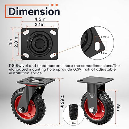 6 Inch Caster Wheels Set of 4 (2 Swivel & 2 Fixed), Heavy Duty Rubber Casters with Knobby Tread for All-Terrain Use, 1320 lb Capacity, Smooth Rolling Wheels for Workbench, Cart, Dolly, Chicken Coop
