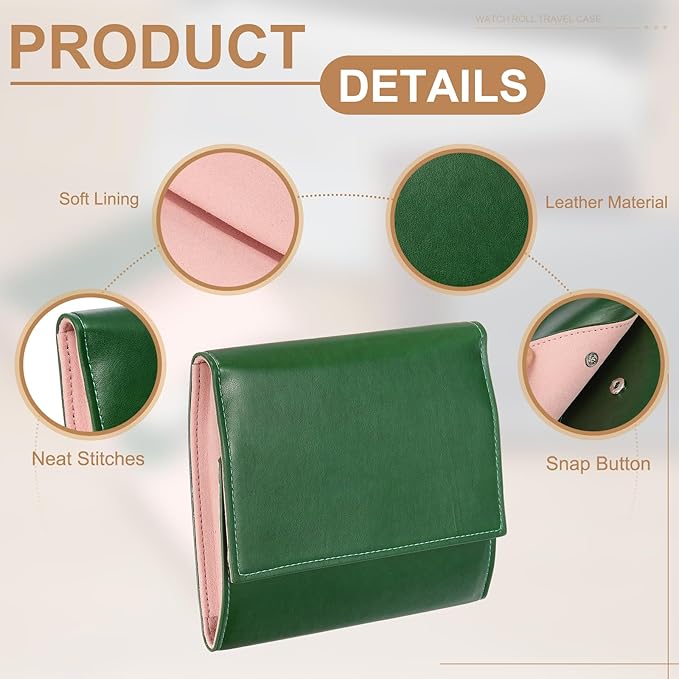 HARFINGTON Watch Roll Travel Case, 2 Slots Portable Leather Watch Cases for Men and Women, Watches Storage Organizer for Traveling Display Home Storage, Green