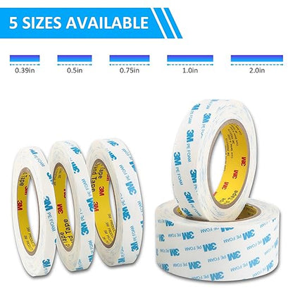 3M 1600T Double Sided Tape, PE Foam Tape 1" x 18 Ft White Removable Strong Adhesive No Residue for RV Picture Hanging, Posters Frames Wall Decor Indoor & Outdoor Use