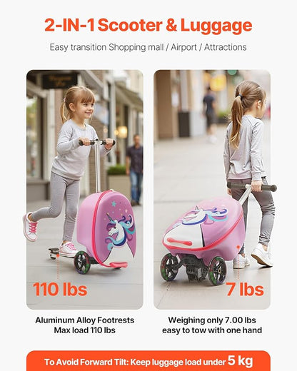 VEVOR Ride-on Luggage, 20 L Capacity, 20 Inches Kids Scooter Suitcase with Flash PU Wheels, Adjustable Handle & TPR Non-Slip Grip, Foldable & Lightweight Scooter Luggage for Kids Aged 5+, Purple