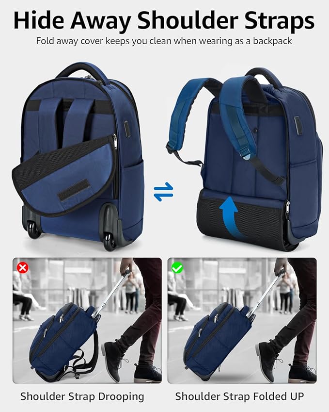 Rolling Backpack, 30L Travel Laptop Backpack with Wheels, 15.6 Inch Personal Item Roller Luggage with USB Charging Port Flight Approved for Men Women Adults, Blue