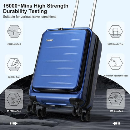 Carry On Luggage 22×14×9 Airline Approved, 20 Inch Lightweight ABS+PC Hard Shell Suitcases with Front Pocket, Spinner Wheels, TSA Lock (Navy Blue, 1PC)