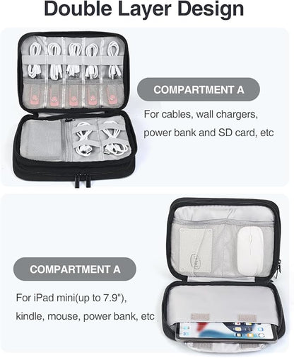 Luxtude Double Layer Cord Organizer Bag, Portable Cable Storage Case, Flat Electronic Organizer Travel Case, Portable Tech Bag for Cable/Cord Storage/iPad (up to 7.9")/Wall Charger/Electronics