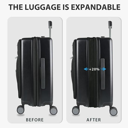 KROSER Hardside Expandable Carry On Luggage 22x14x9 Airline Approved With Front Business Pockets, 20 Inch Suitcases with Wheels, Carry on Suitcase with TSA Lock & USB Port, Black-Army Green